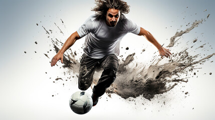 A fictional man practicing freestyle soccer