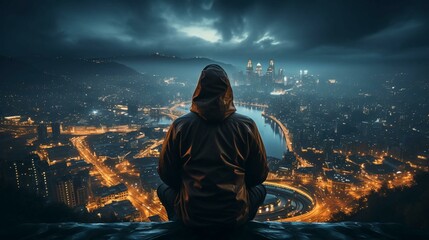 Man in a jacket with a hood in the city at night view from the back, concept of internet crimes cyber crimes and hackers - obrazy, fototapety, plakaty