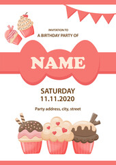 Children's birthday invitation. Delicious cupcake. Vector illustration
