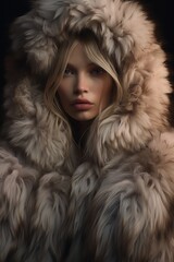 Portrait of a blonde dressed in a fur coat and with a hood. Model with blue eyes. Dark background.