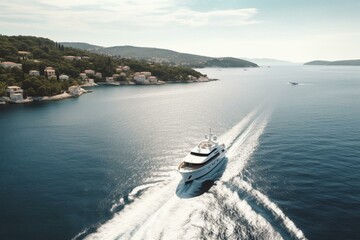 Bird's-eye view of a lavish yacht sailing on a sunny day in Croatia. Generative AI