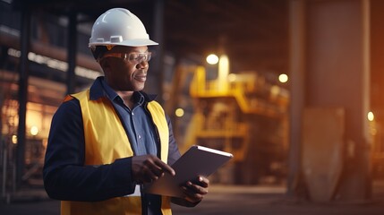 Civil engineer human with black skin wearing uniform and hard hat holding tablet with info - obrazy, fototapety, plakaty