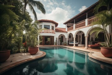 Obraz na płótnie Canvas A magnificent house with an awe-inspiring pool view. Generative AI