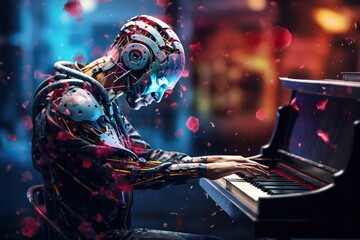 A metal robot plays the piano on a multicolored background. The concept of artificial intelligence and innovative technologies. - obrazy, fototapety, plakaty