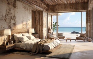 Wabi-sabi bedroom with sea view through the window. Generative AI