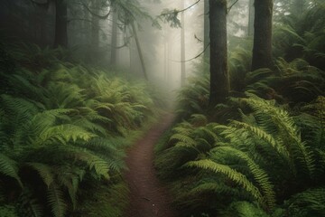 A foggy forest path with lush trees and ferns on the sides. Generative AI