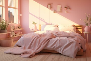 Sunlit bedroom with cozy bed, pink walls, blanket, pillows, and carpet. Generative AI