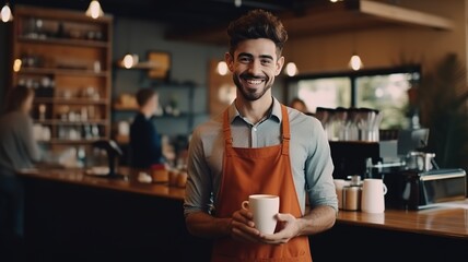 portrait of a cafe worker of a handsome Caucasian guy barista smiling at the camera while standing at the counter. Happy young man in an apron with a glass of coffee. waiter working. background AI - obrazy, fototapety, plakaty