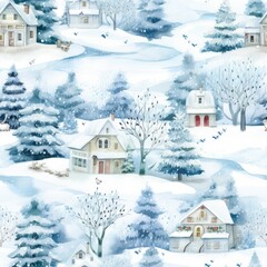 Fototapeta na wymiar House in Winter, Christmas backdrop for postcard, Seamless, generative ai