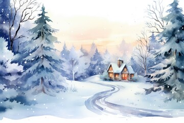 Fototapeta na wymiar House in Winter, Christmas backdrop for postcard, generative ai