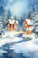 Obraz na płótnie Canvas House in Winter, Christmas backdrop for postcard, generative ai