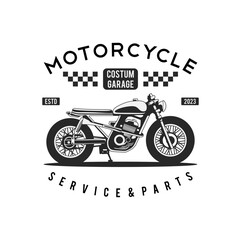 motorcycle custom garage illustration, motorcycle service and parts. vintage custom motorcycle emblems, labels, badges, logos, prints, templates.