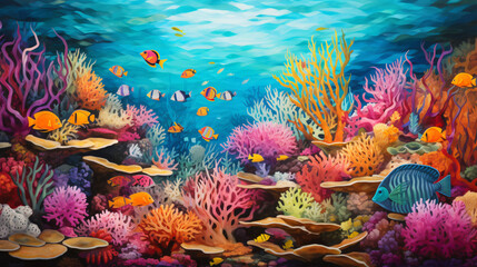 A painting of a coral reef with fish and corals