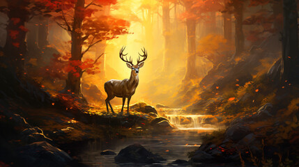 A painting of a deer in a forest - obrazy, fototapety, plakaty