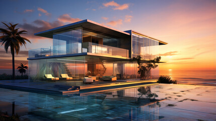 Luxurious Glass House on Ocean Beach at Sunset