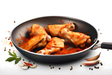 Raw Chicken Legs Or Drumsticks With Spices Over Frying Pan On With Background, Generative AI