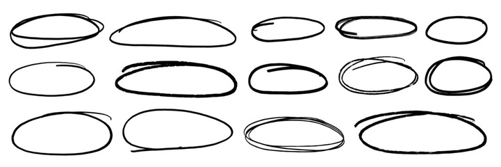 Handdrawn doodle grunge circle highlights. Charcoal pen round ovals. Marker scratch scribble inrounder. Round scrawl frames. Vector illustration of freehand painted circular note