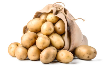 Fresh and raw potatoes in a rustic sack, transparent background, generative ai