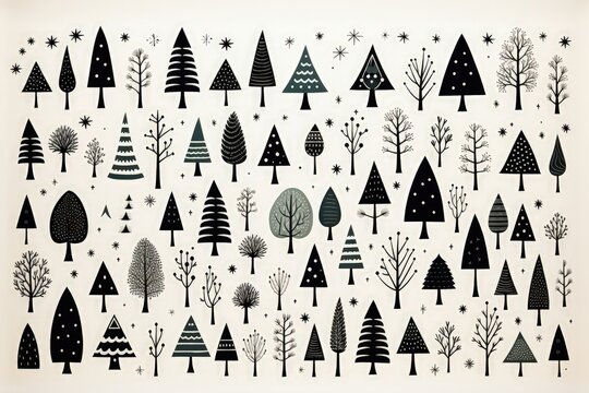 An abstract festive background image for Christmas, presenting an arrangement of iconic Christmas trees surrounded by delicate snowflakes, creating a holiday-inspired scene. Illustration
