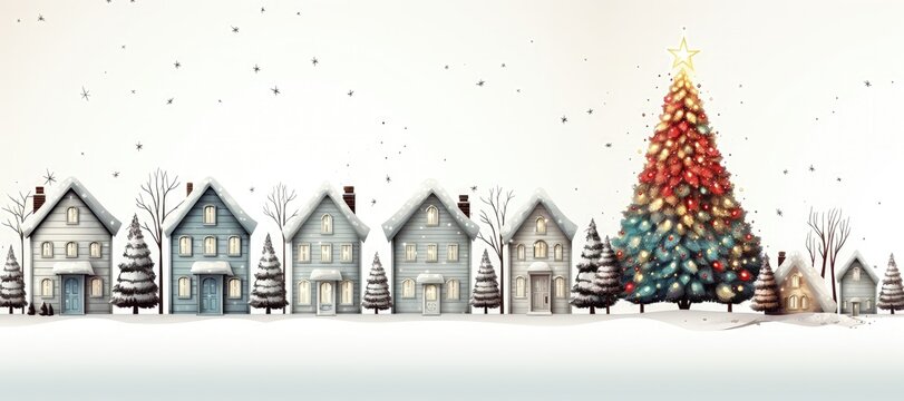 An abstract festive background image in a wide format, featuring a tall and beautifully decorated Christmas tree surrounded by charming houses, creating a holiday-inspired scene. Illustration