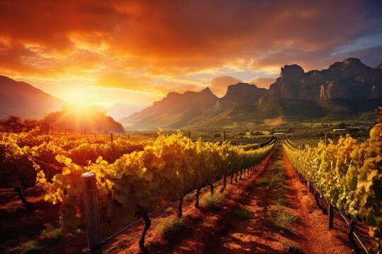 Sunset vineyard near mountains in Stellenbosch, South Africa. Wine grapes on vine. Generative AI