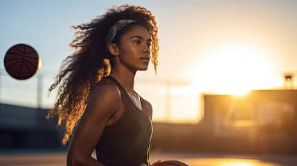 Gardinen Black female athlete holding a basketball in the natural light of a sunset © somchai20162516