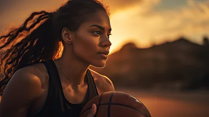 Fototapete Rund Black female athlete holding a basketball in the natural light of a sunset © somchai20162516
