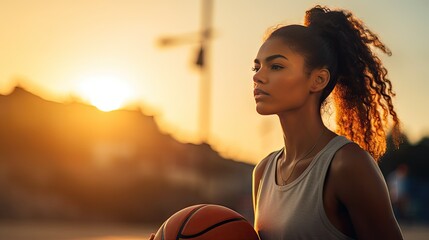 Black female athlete holding a basketball in the natural light of a sunset