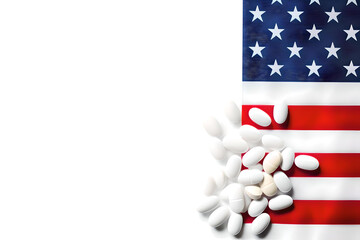 Prescription Pills On United States Flag Isolated On a White Background, Generative AI