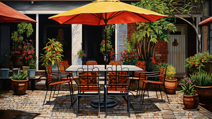 Fototapeta na wymiar A painting of a patio with tables and chairs