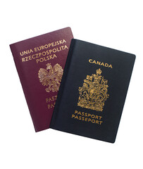 Podwójne obywatelstwo, polski i kanadyjski paszport. Unia Europejska, strefa Schengen, Kanada. Podróże. - obrazy, fototapety, plakaty