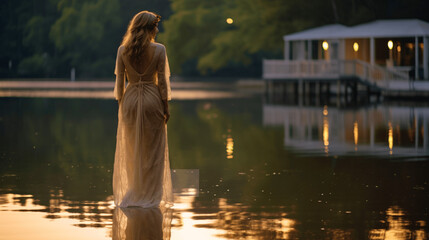 Woman in ethereal evening attire creating a magical moment at a serene lakeside retreat, capturing romance and elegance.