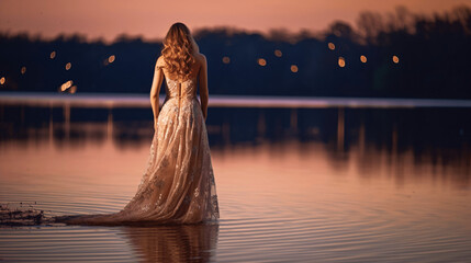 Woman in ethereal evening attire creating a magical moment at a serene lakeside retreat, capturing romance and elegance.