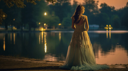 Woman in ethereal evening attire creating a magical moment at a serene lakeside retreat, capturing romance and elegance.