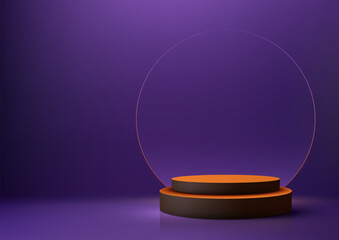 Black and Orange Podium Product Display Mockup with Transparent Glass Circle Backdrop, Halloween Concept