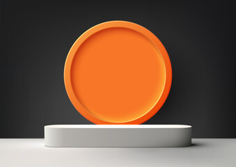 White Podium Product Display Mockup with Orange Circle Backdrop, Halloween Concept