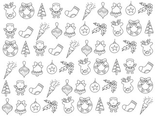 Christmas ornaments set with snowflakes, hats, star, Christmas tree, balls, orange, sock, gift, drink and garlands. Vector icons for business and holidays