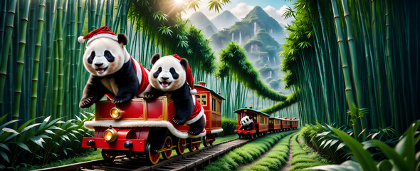 panda with santa claus costume on the christmas train with bamboo as background