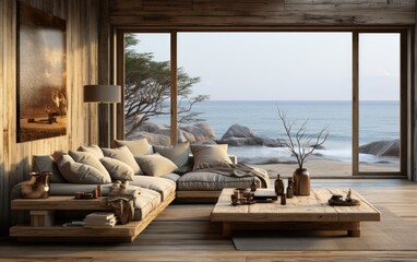Wabi sabi living room with sea view through the window. Generative AI