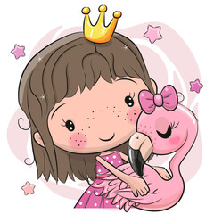 Cartoon Little Princess holding a flamingo in her hands