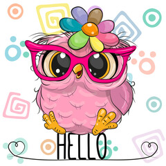 Cartoon Owl in a pink glasses with flower