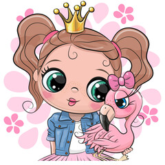 Cartoon Little Princess in a denim jacket holding a flamingo in her hands