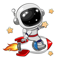 Cartoon astronaut on the rocket on a space background