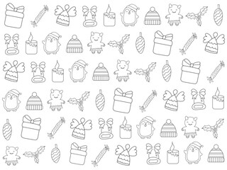 Christmas ornaments set with snowflakes, hats, star, Christmas tree, balls, orange, sock, gift, drink and garlands. Vector icons for business and holidays
