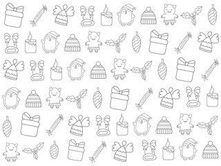 Fototapeta premium Christmas ornaments set with snowflakes, hats, star, Christmas tree, balls, orange, sock, gift, drink and garlands. Vector icons for business and holidays