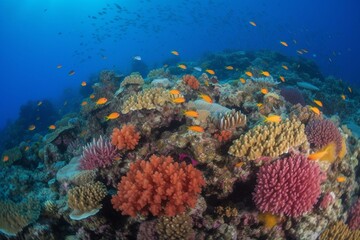 Fototapeta na wymiar A vibrant coral reef teeming with diverse tropical fish and vibrant corals. Generative AI