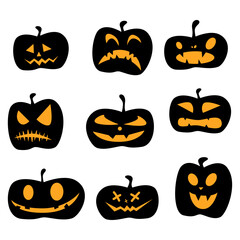 Funny halloween pumpkin collection set isolated on white background. Funny face expressions. Vector illustration.	