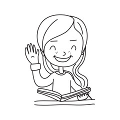 Cute school children sitting on lesson. Simple doodle coloring page design element. Eduication vector design.