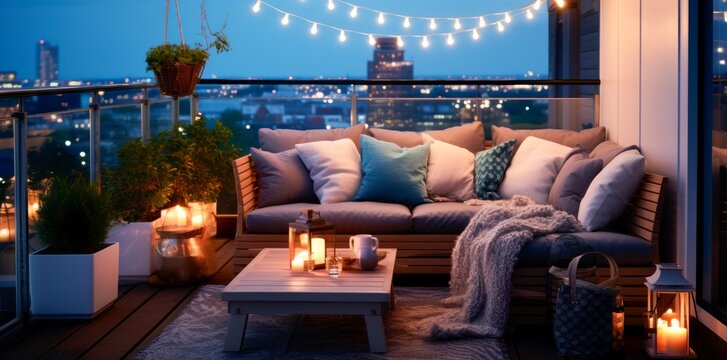 Autumn evening on the roof terrace of a beautiful house with lanterns, great views to the city
