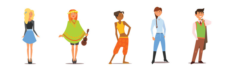 Different Man and Woman Character Standing and Smiling Vector Set